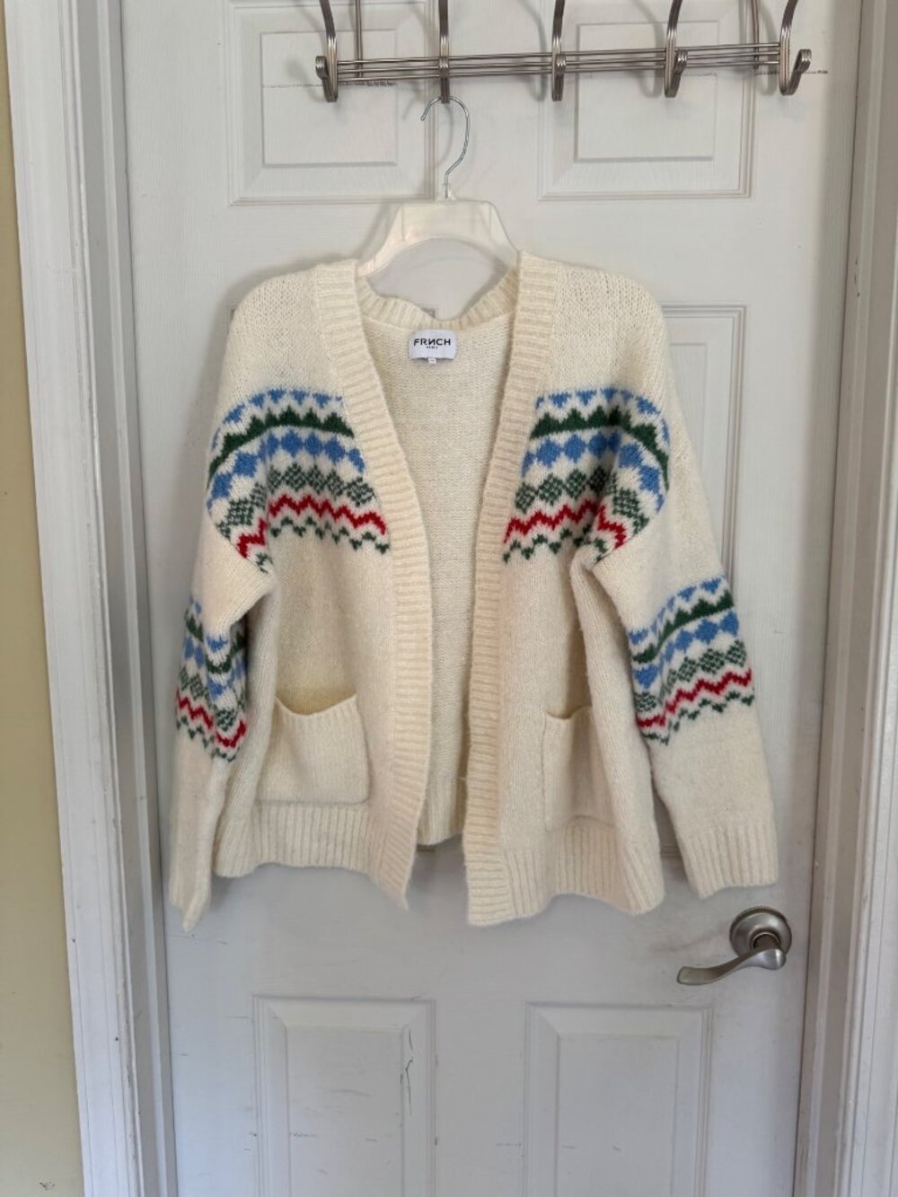FRNCH Fairisle Long Sleeve Cream Open Cardigan Sweater One Size Fits All